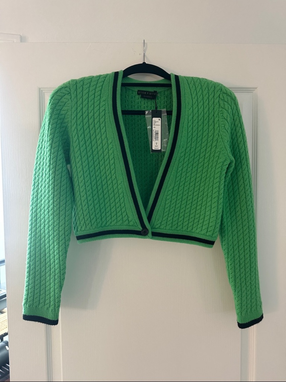 Alice + Olivia Bright Green Cable-Knit Cropped Cardigan with Black Trim